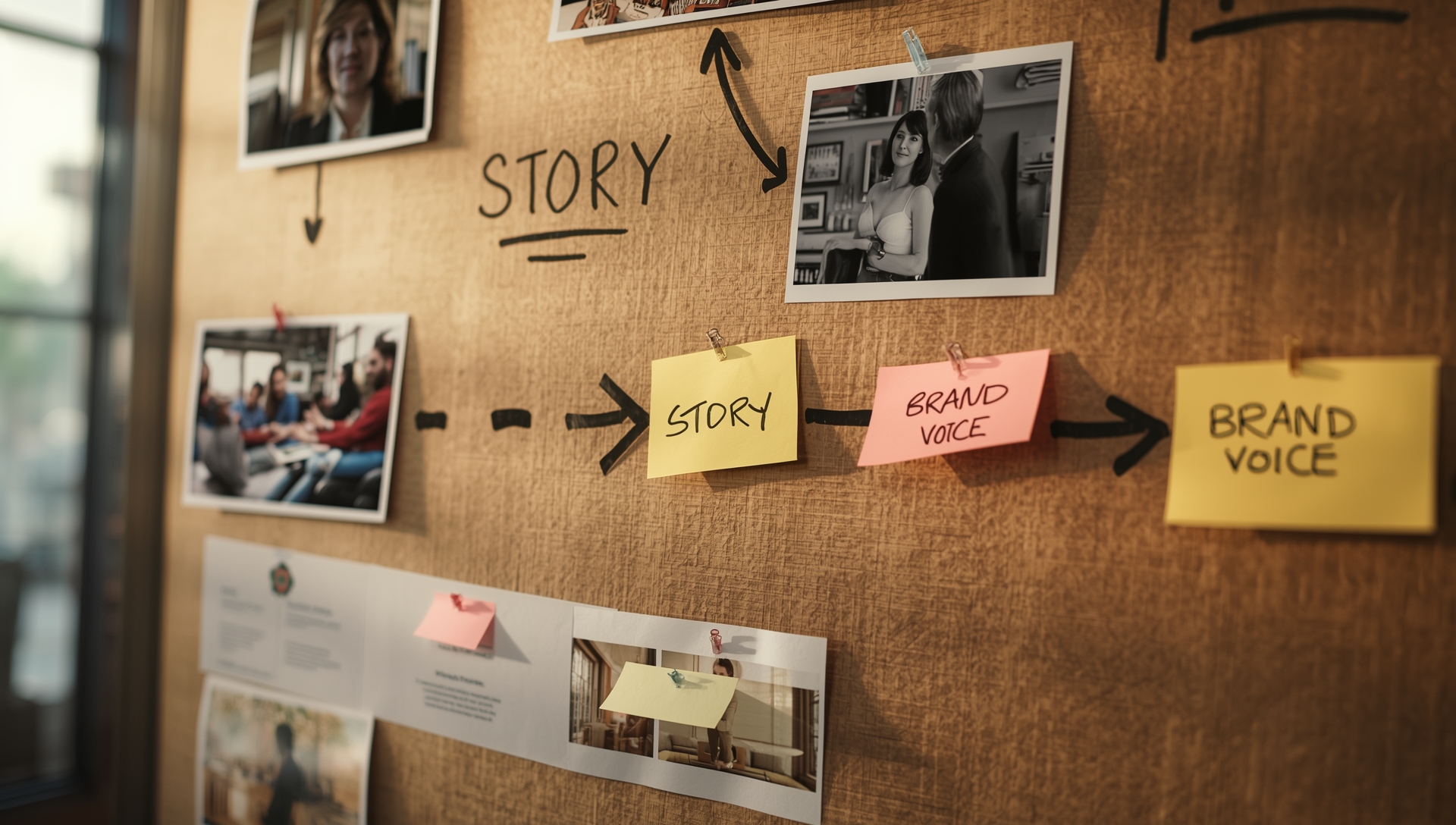 Visual storyboard showing photos, notes, and connected elements used to plan brand storytelling and narrative strategy.