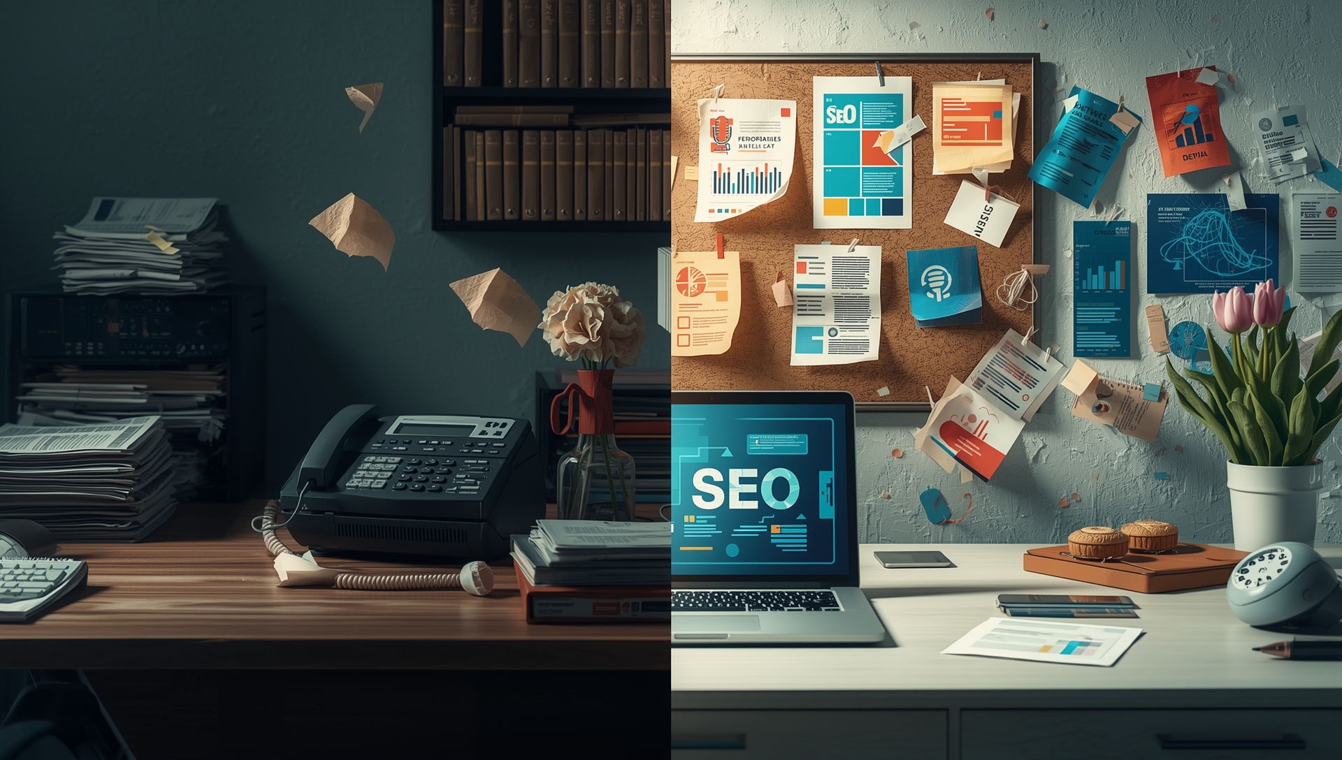 Split-scene illustration comparing outdated public relations methods with modern PR strategies using digital media, SEO, and influencer engagement